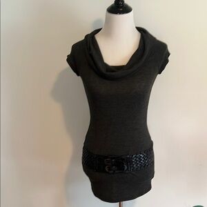 Black Cowl Neck Shortsleeved Sweater with Belted Detail